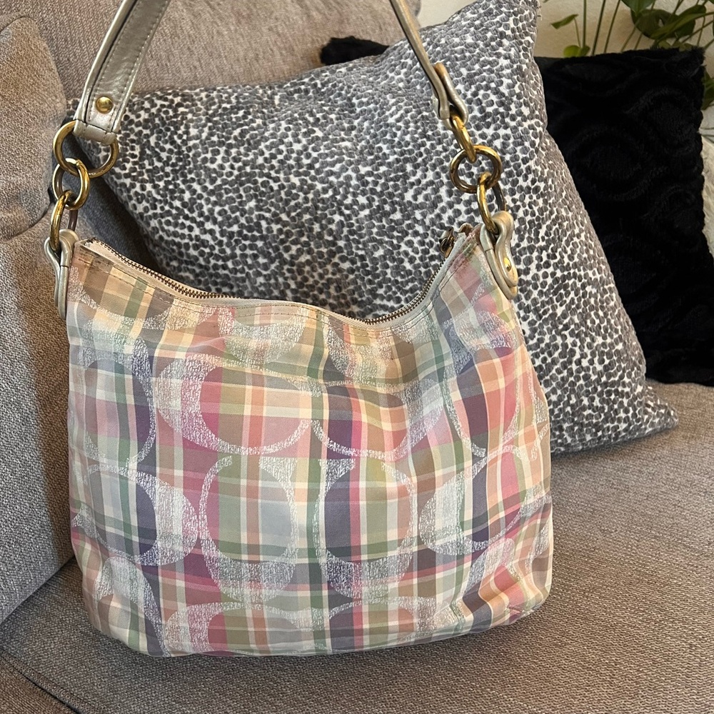 Coach Poppy Madras Tartan Pastel Plaid Hobo Shoulder Bag - Picture 3 of 13